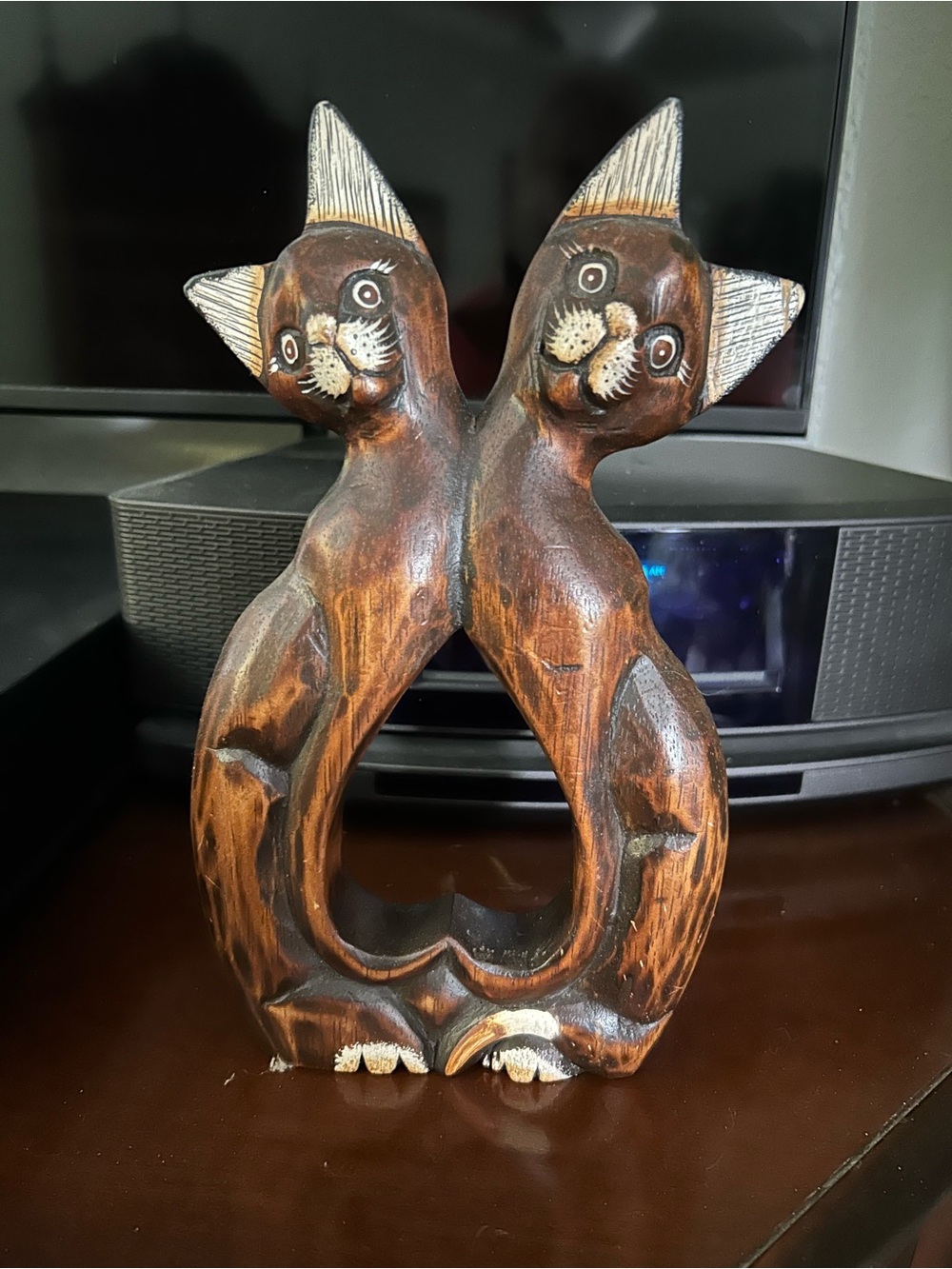 Hand-Carved Double Cat Figurine - Brown